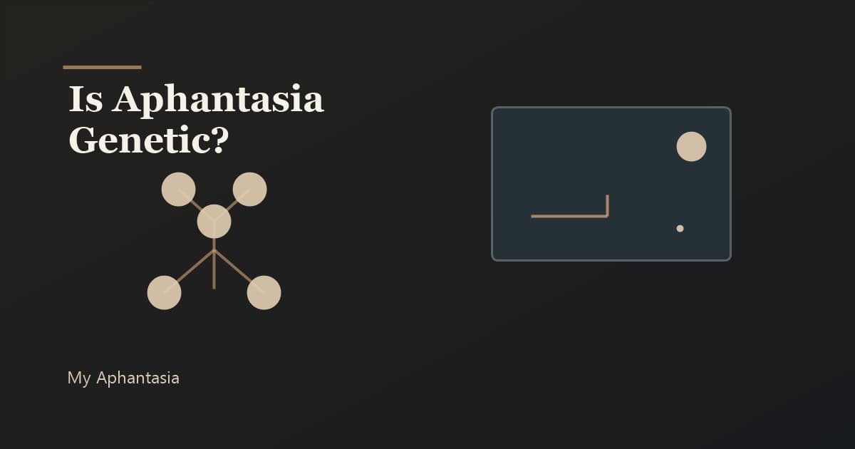 Family tree diagram fading into a dark mind's eye, representing aphantasia genetics and inherited visual imagery differences.